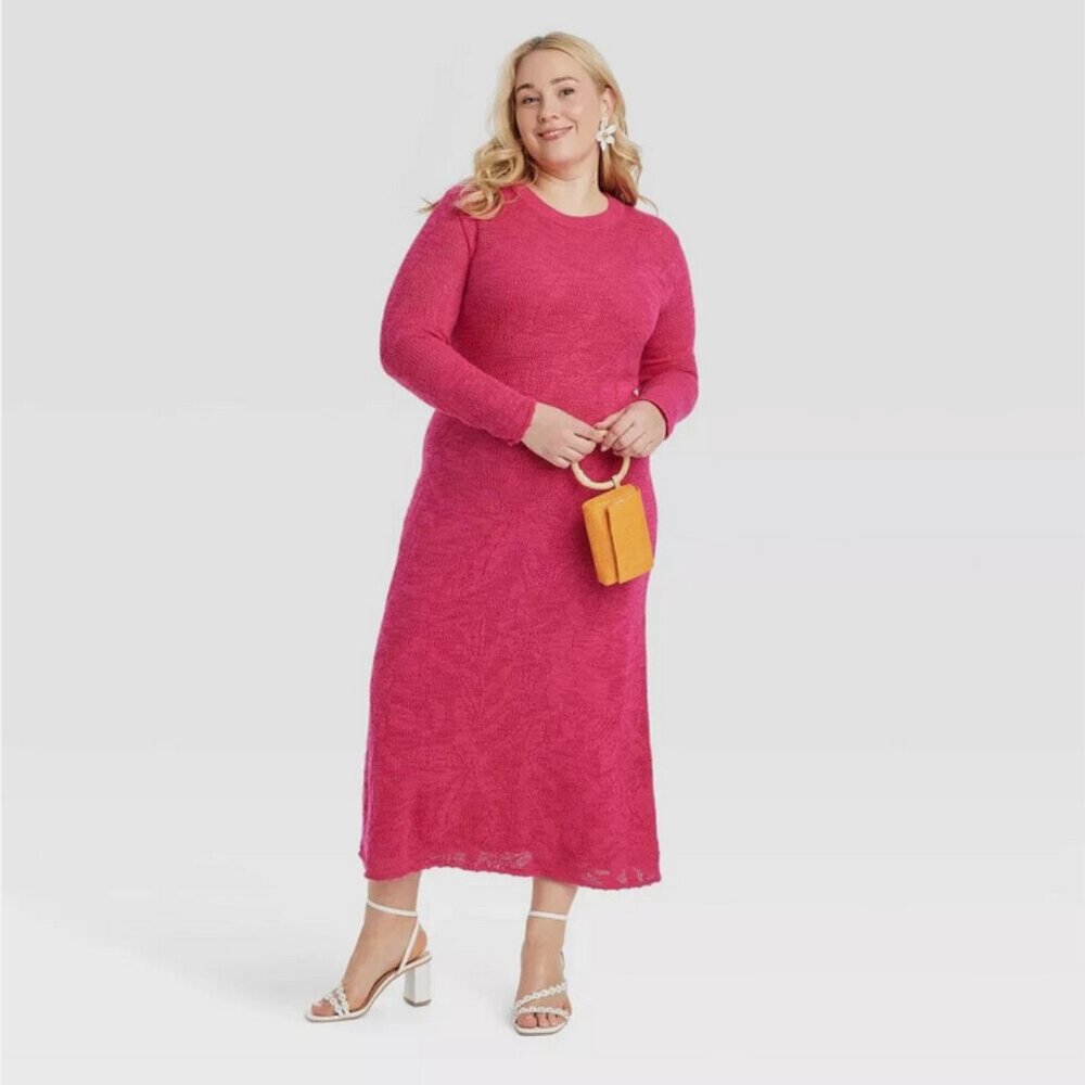 NWT! Women's Pink Cotton Maxi Pointelle Dress XL 51" Long